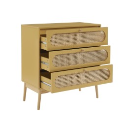 Commode SIXTINE jaune safran et cannage rotin 3 tiroirs