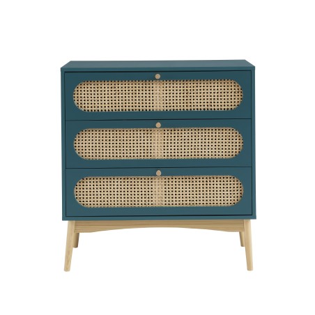 Commode SIXTINE bleu canard et cannage rotin 3 tiroirs