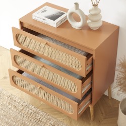 Commode SIXTINE terracotta et cannage rotin 3 tiroirs
