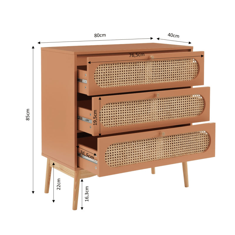 Commode SIXTINE terracotta et cannage rotin 3 tiroirs