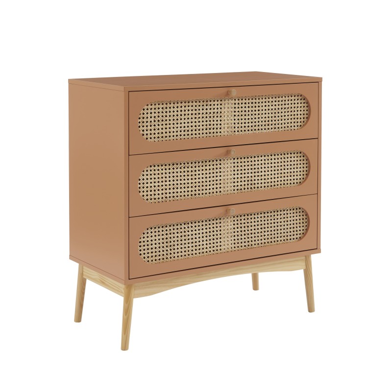 Commode SIXTINE terracotta et cannage rotin 3 tiroirs