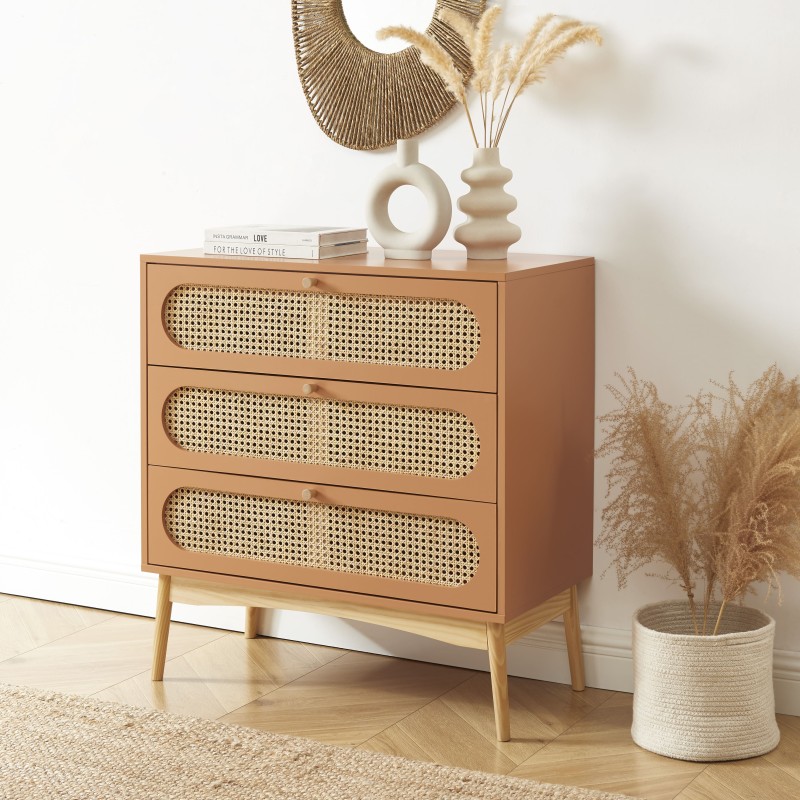 Commode SIXTINE terracotta et cannage rotin 3 tiroirs