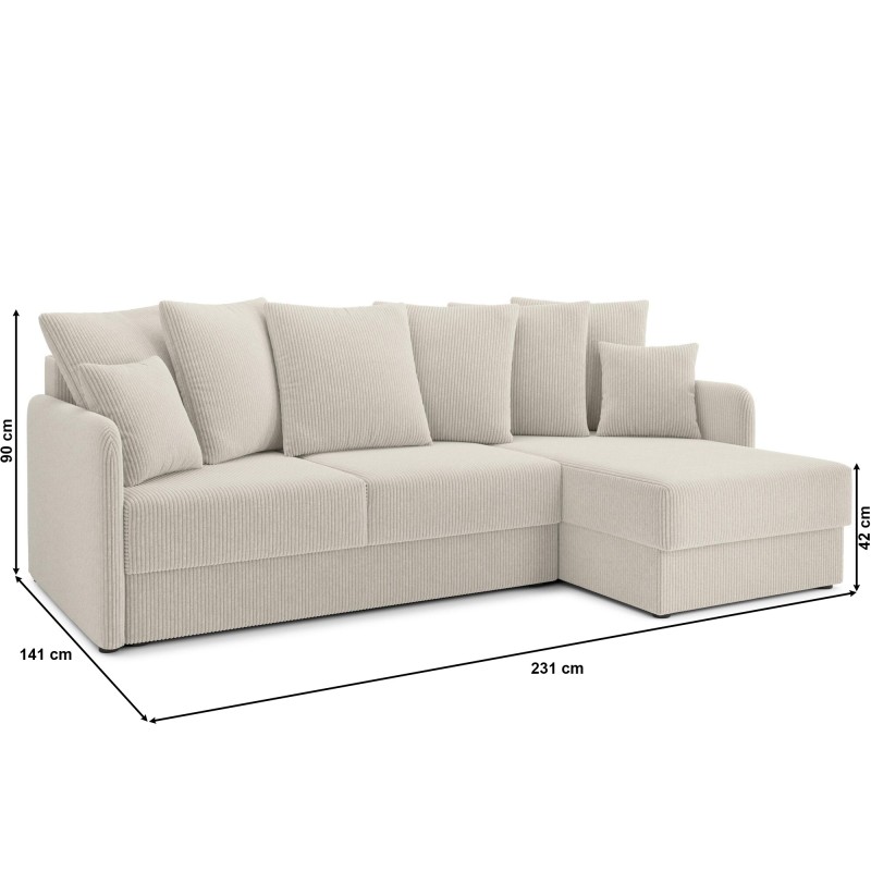 Canapé d'angle LUKA convertible velours côtelé beige 4 places