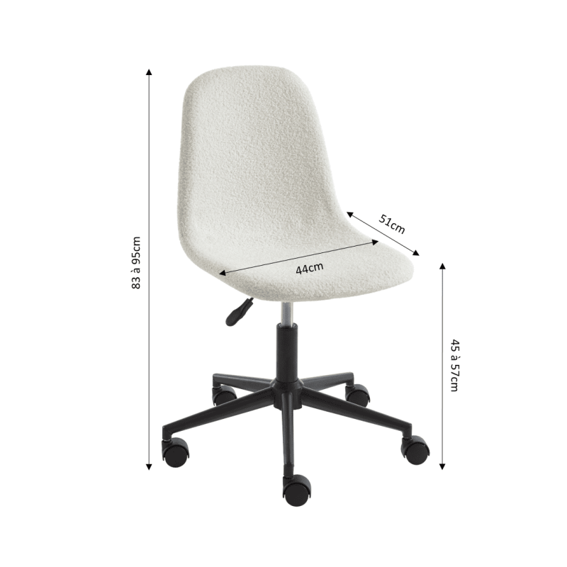 Chaise de bureau LENA tissu bouclette écru 5 roulettes