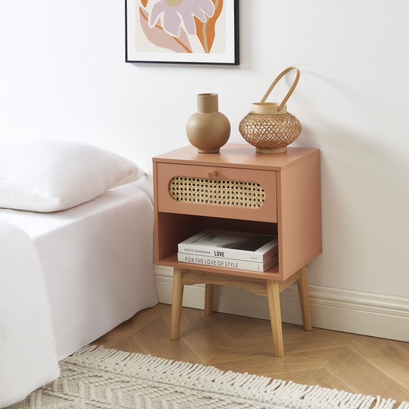 Table de chevet SIXTINE terracotta et cannage rotin 40cm