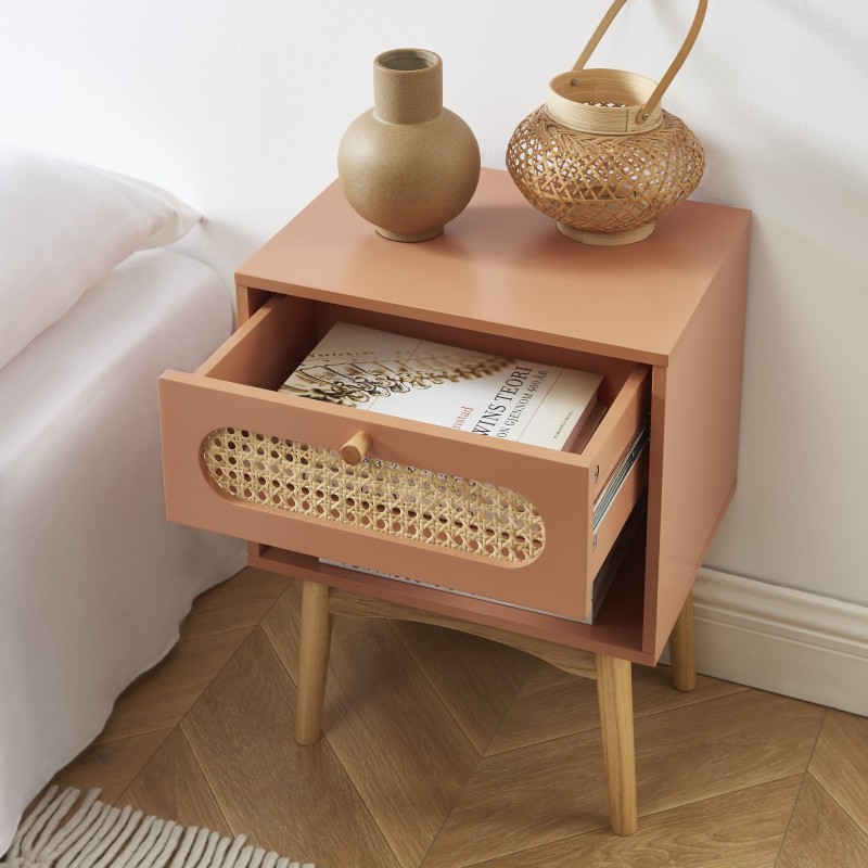 Table de chevet SIXTINE terracotta et cannage rotin 40cm
