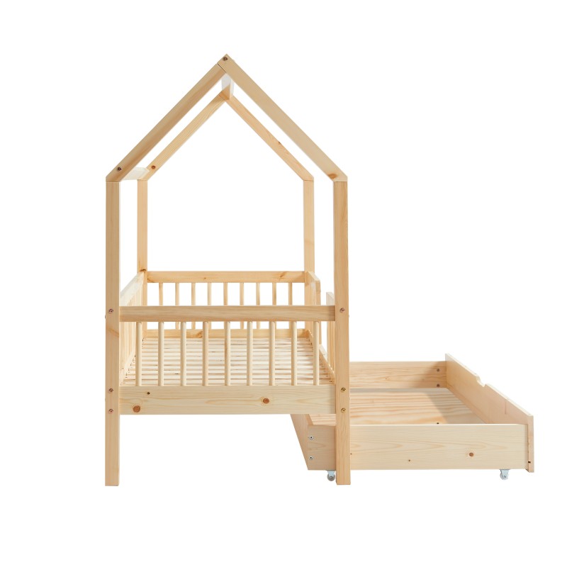 Lit cabane avec barrières TINY pin massif 70x140 sommier + tiroir inclus