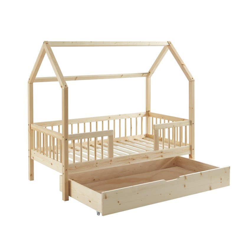 Lit cabane avec barrières TINY pin massif 70x140 sommier + tiroir inclus