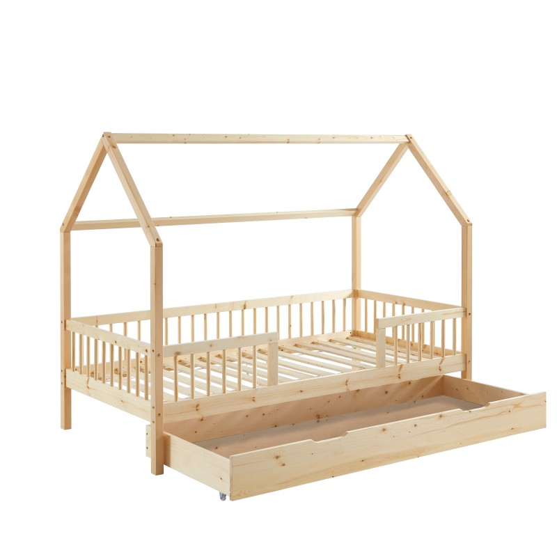 Lit cabane avec barrières TINY pin massif 90x190 sommier + tiroir inclus