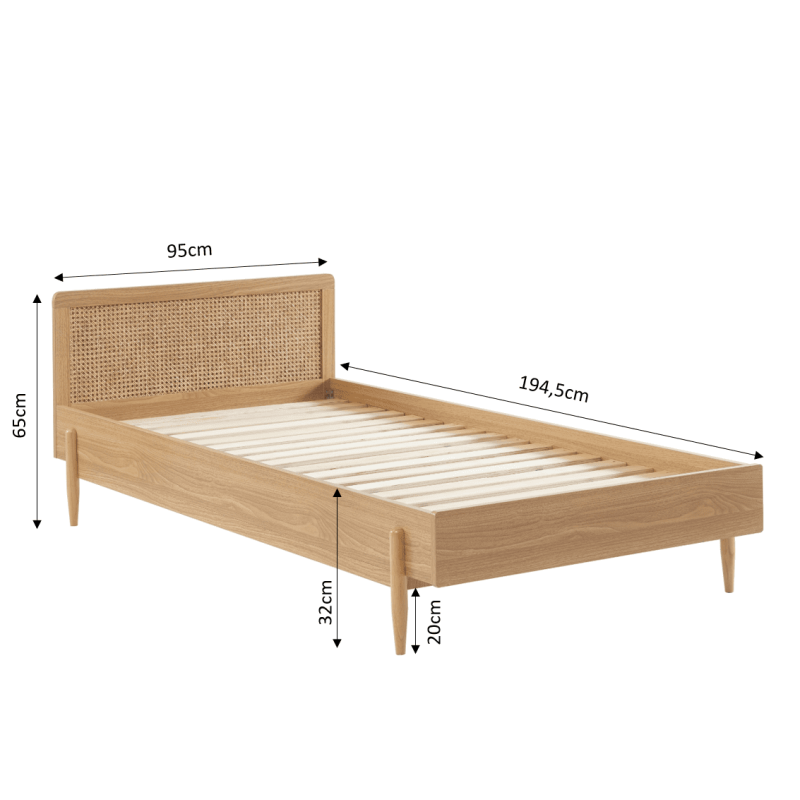 Lit enfant PABLO cannage rotin et effet bois90x190 sommier inclus