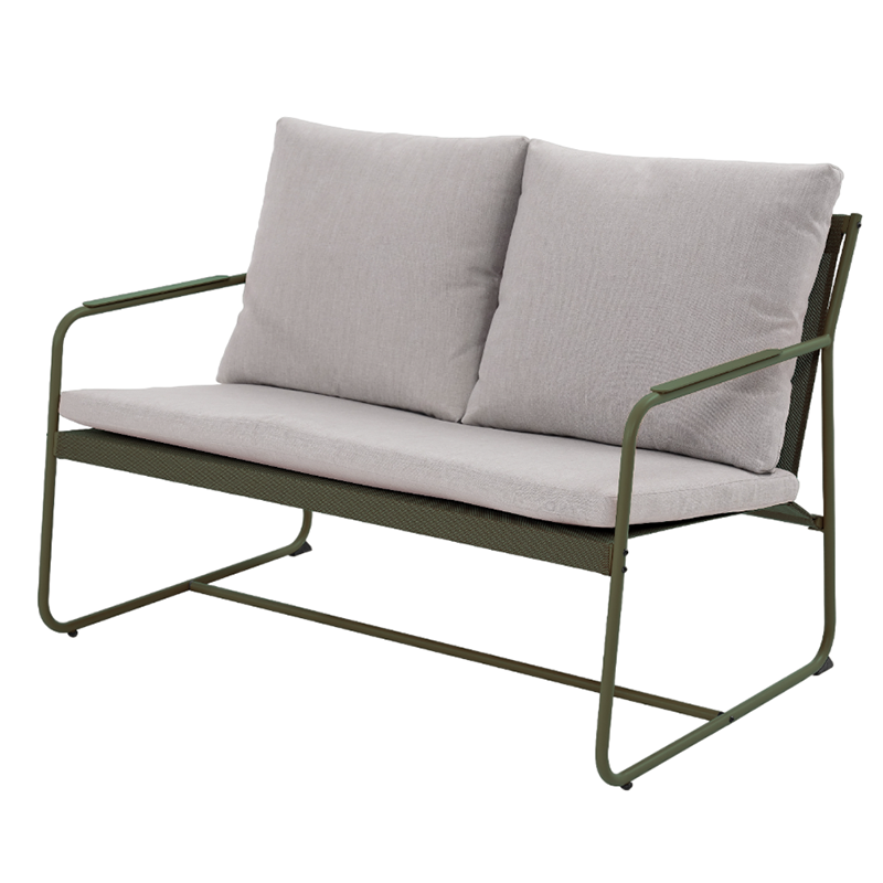 Salon de jardin PANTONE en acier kaki et coussins girs clair