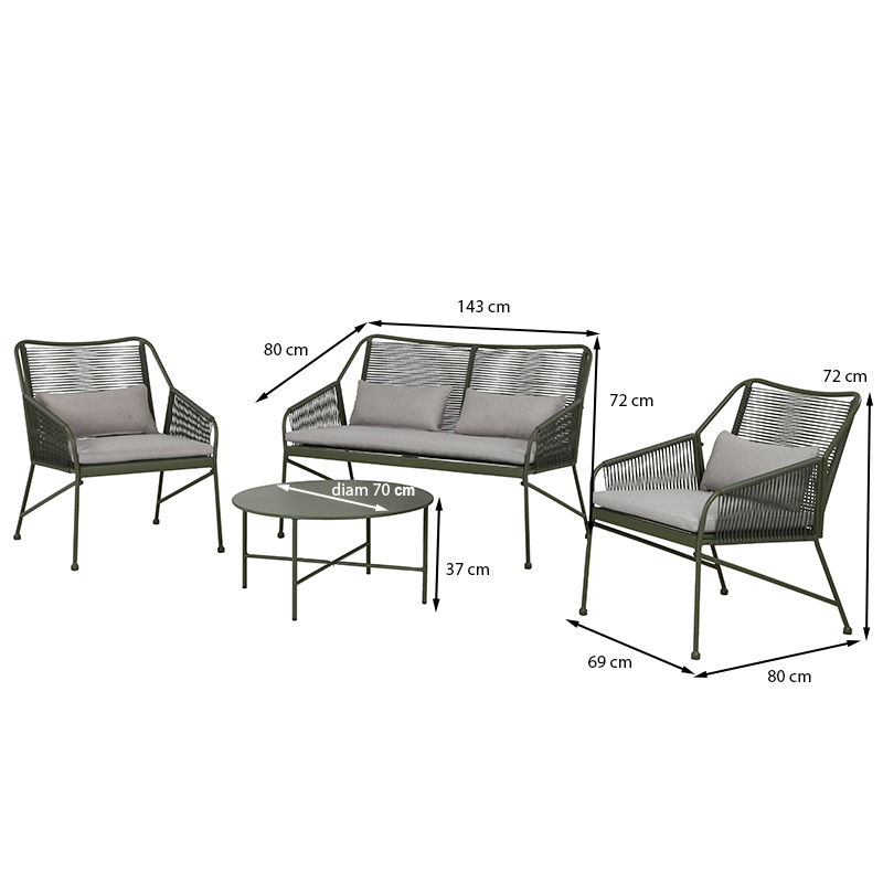 Salon de jardin ANA 4 places en acier KAKI coussins gris clair