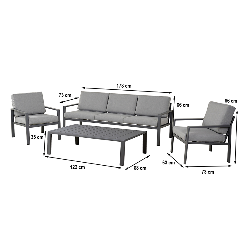 Salon de jardin DINA 5 places aluminium gris foncé et coussins gris clair