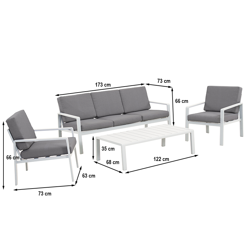 Salon de jardin DINA 5 places aluminium blanc et coussins gris clair