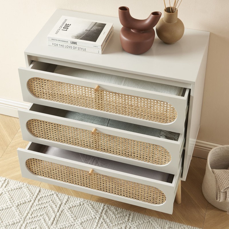 Commode SIXTINE blanc et cannage rotin 3 tiroirs