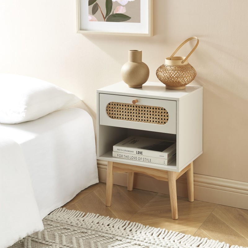 Table de chevet SIXTINE blanc et cannage rotin 40cm