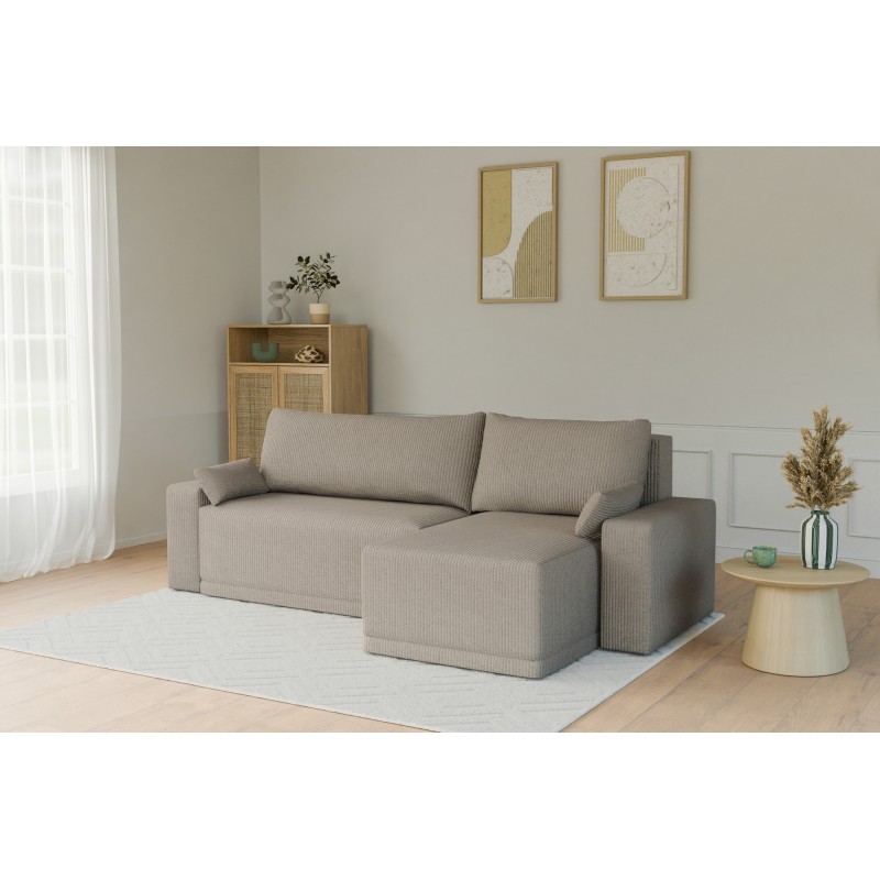 Canapé d'angle TEO convertible velours côtelé grège 4 places