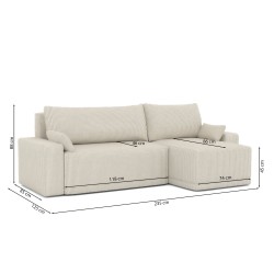 Canapé d'angle TEO convertible velours côtelé beige 4 places
