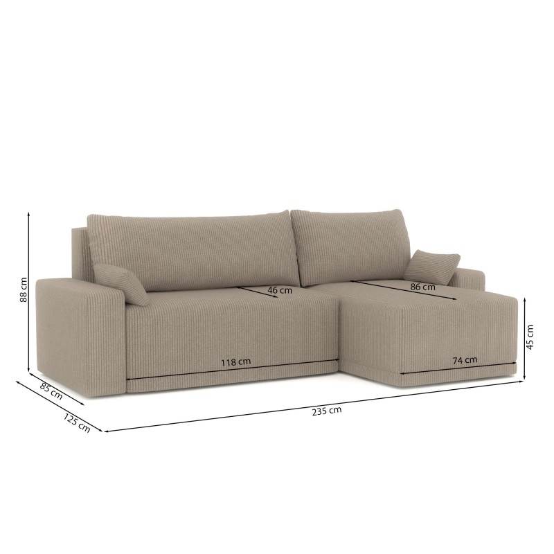 Canapé d'angle TEO convertible velours côtelé grège 4 places