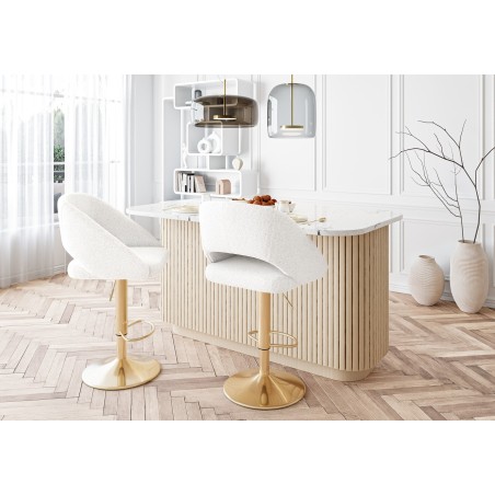 Lot de 2 tabourets de bar LENNY en tissu bouclette blanc piètement en métal doré