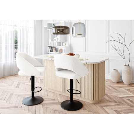 Lot de 2 tabourets de bar LENNY tissu bouclette blanc piètement en métal noir