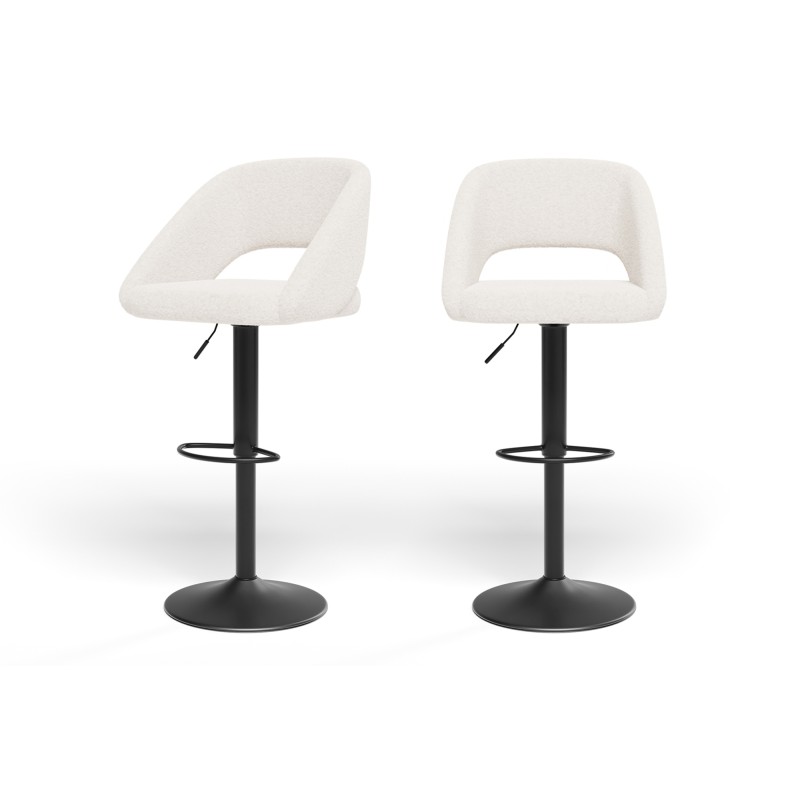 Lot de 2 tabourets de bar LENNY tissu bouclette blanc piètement en métal noir