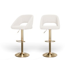 Lot de 2 tabourets de bar LENNY en tissu bouclette blanc piètement en métal doré