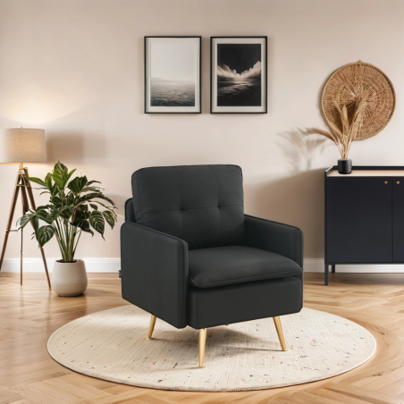 Fauteuil ADAM tissu noiravec piètement en métal doré