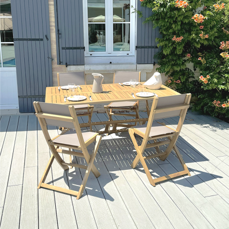 Ensemble table et chaises de jardin RIMINI 4 places en bois d'acacia et textilène taupe