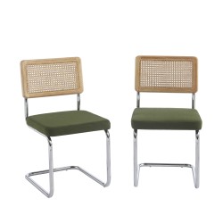 Lot de 2 chaises ELLA cannage et velours côtelé kaki pieds métal chromé