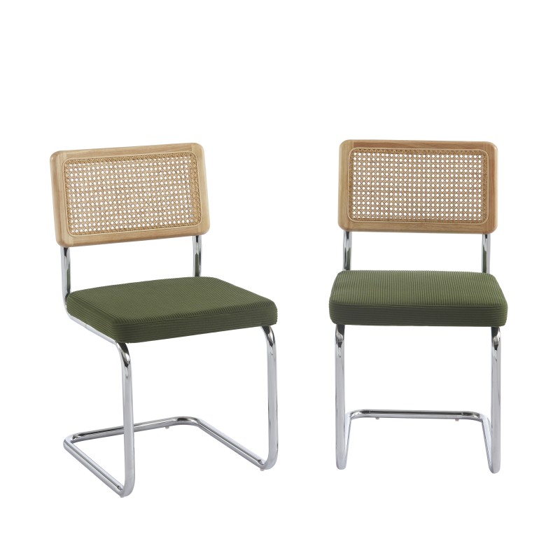 Lot de 2 chaises ELLA cannage et velours côtelé kaki pieds métal chromé