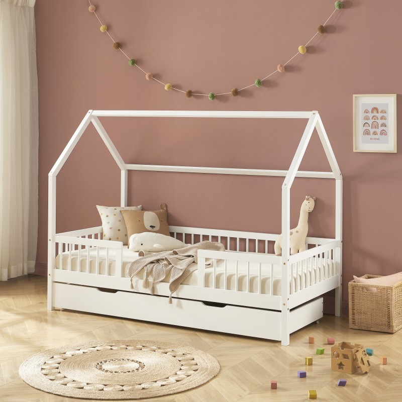 Lit cabane avec barrières TINY pin massif blanc 90x190cm sommier inclus + tiroir