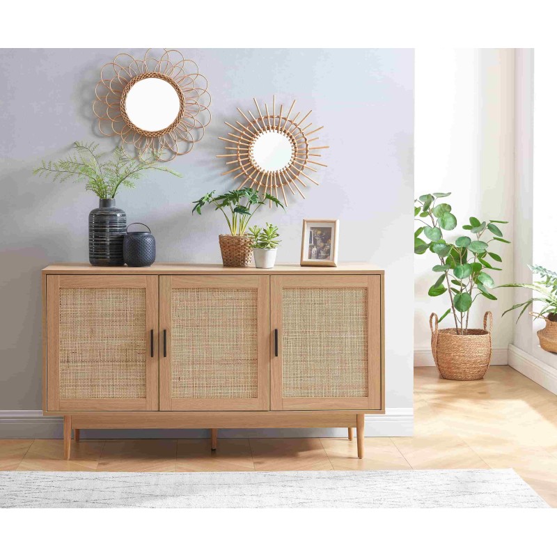Buffet AMANA effet chêne et cannage rotin 130cm