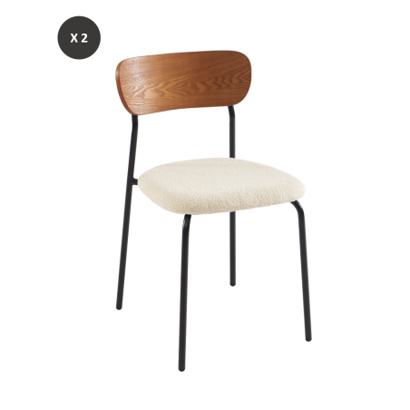 Lot de 2 chaises FRIDA tissu bouclette écru pieds métal noir
