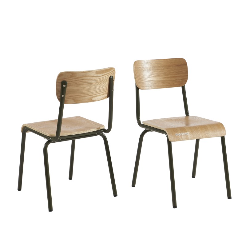 Lot de 2 chaises PANTONE vert olive et placage frêne pieds métal