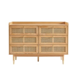 Commode LEON placage chêne et cannage rotin 6 tiroirs 120cm
