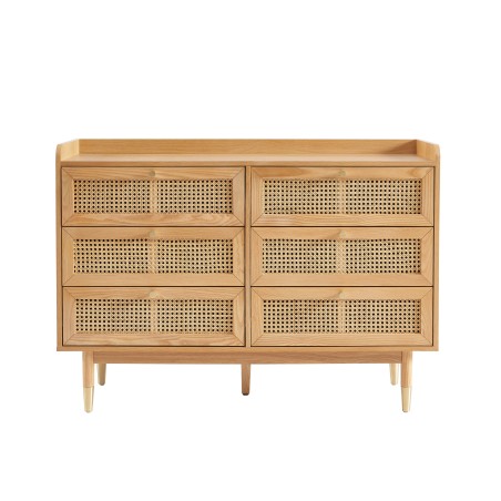 Commode LEON placage chêne et cannage rotin 6 tiroirs 120cm