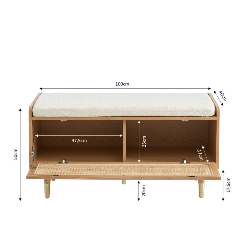 Banc à chaussures LEON placage chêne et cannage rotin 100cm