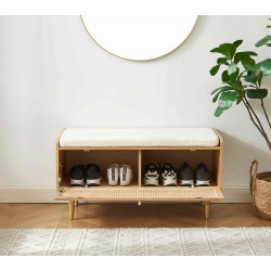Banc à chaussures LEON placage chêne et cannage rotin 100cm