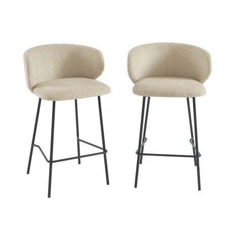 Lot de 2 tabourets CASSIE tissu chenille beige et pieds métal noir