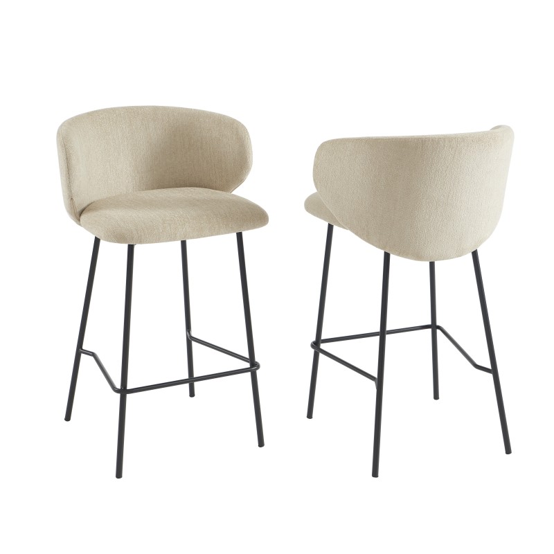 Lot de 2 tabourets CASSIE tissu chenille beige et pieds métal noir