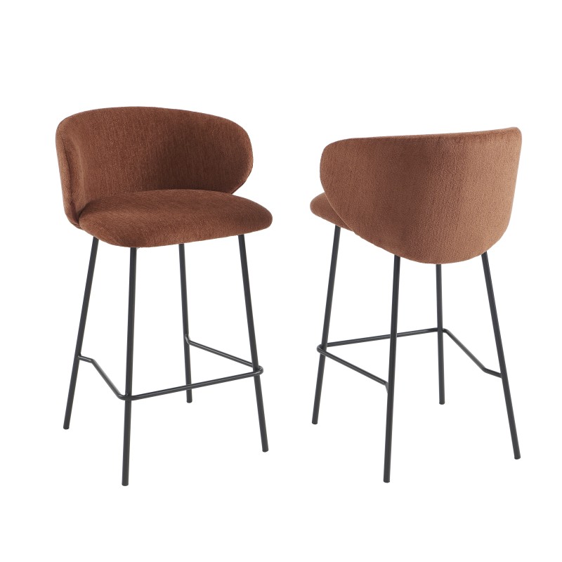 Lot de 2 tabourets CASSIE tissu chenille terracotta et pieds métal noir