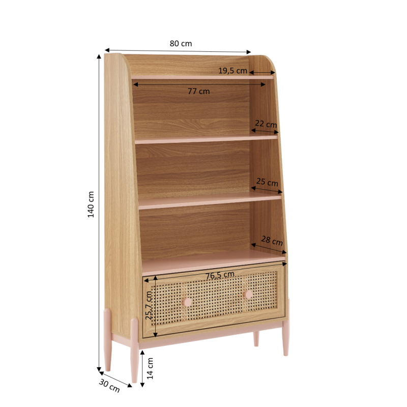Bibliothèque PABLO rose et cannage rotin 3 étagères