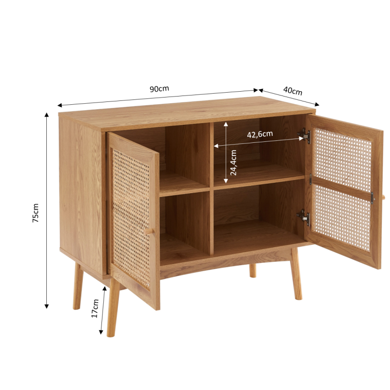 Buffet INES effet chêne et cannage rotin 90cm