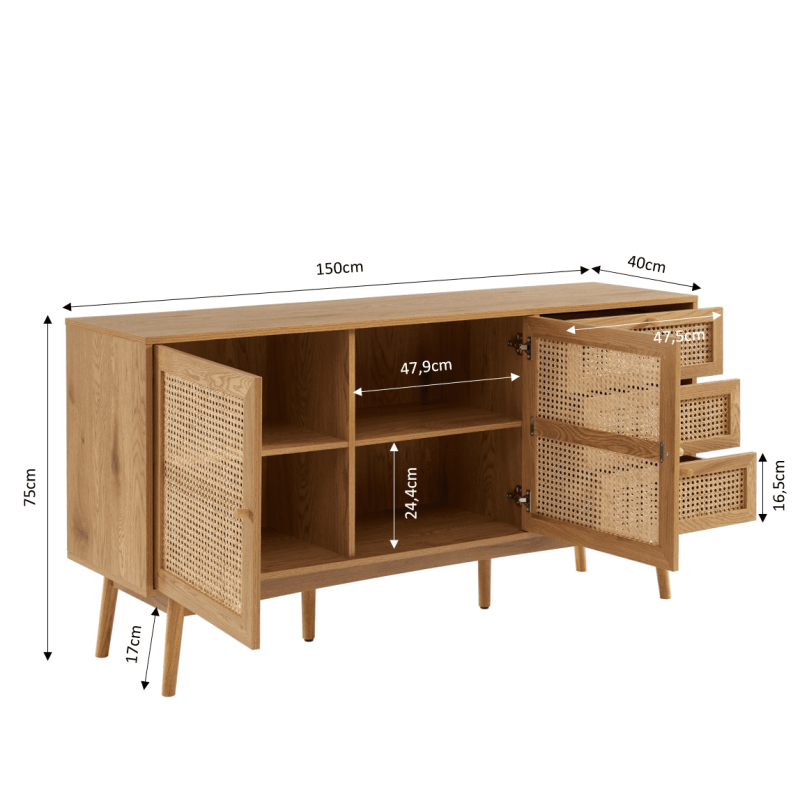 Buffet INES effet chêne et cannage rotin 150cm