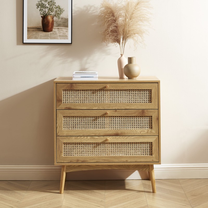 Commode INES effet chêne et cannage rotin 3 tiroirs 80cm