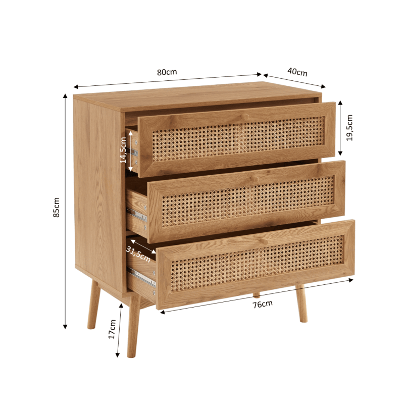 Commode INES effet chêne et cannage rotin 3 tiroirs 80cm