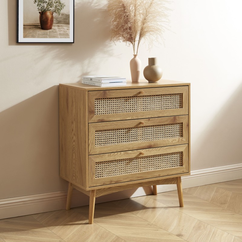 Commode INES effet chêne et cannage rotin 3 tiroirs 80cm