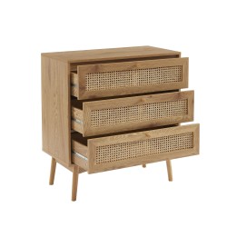 Commode INES effet chêne et cannage rotin 3 tiroirs 80cm
