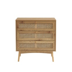 Commode INES effet chêne et cannage rotin 3 tiroirs 80cm
